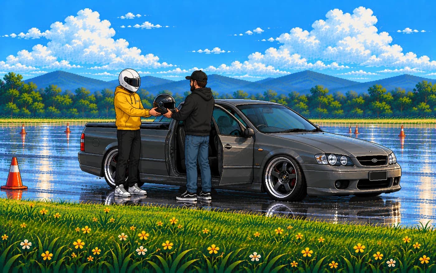 Pixel art of the driver in a yellow hoodie handing a helmet to another person beside the ute's open passenger door