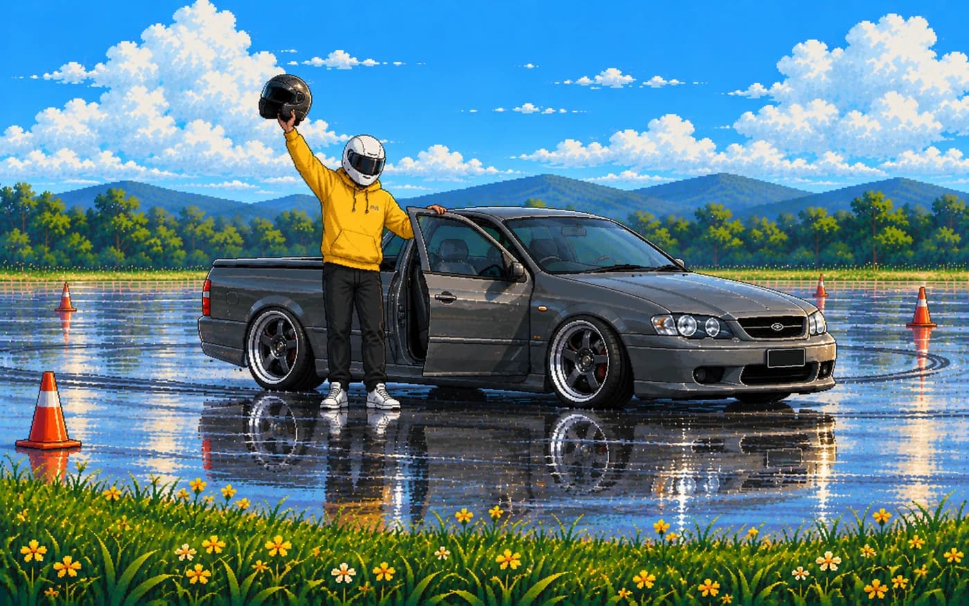 Pixel art of the driver beside the ute with the passenger door open, holding a helmet up in the air after a lap