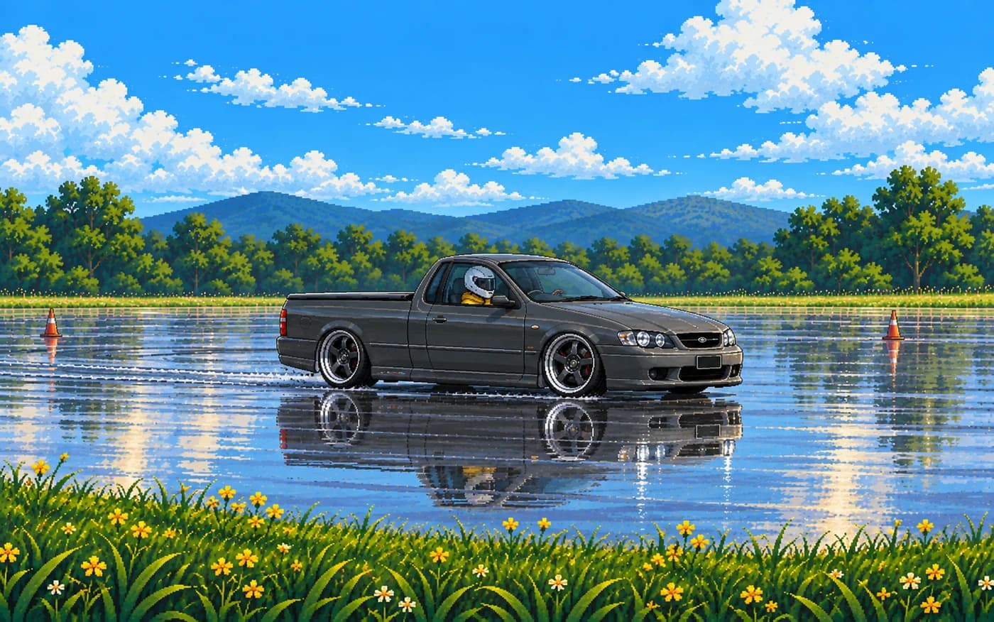 Pixel art of the grey ute rolling gently and level across the wet skid pan, leaving ripples and a clean reflection