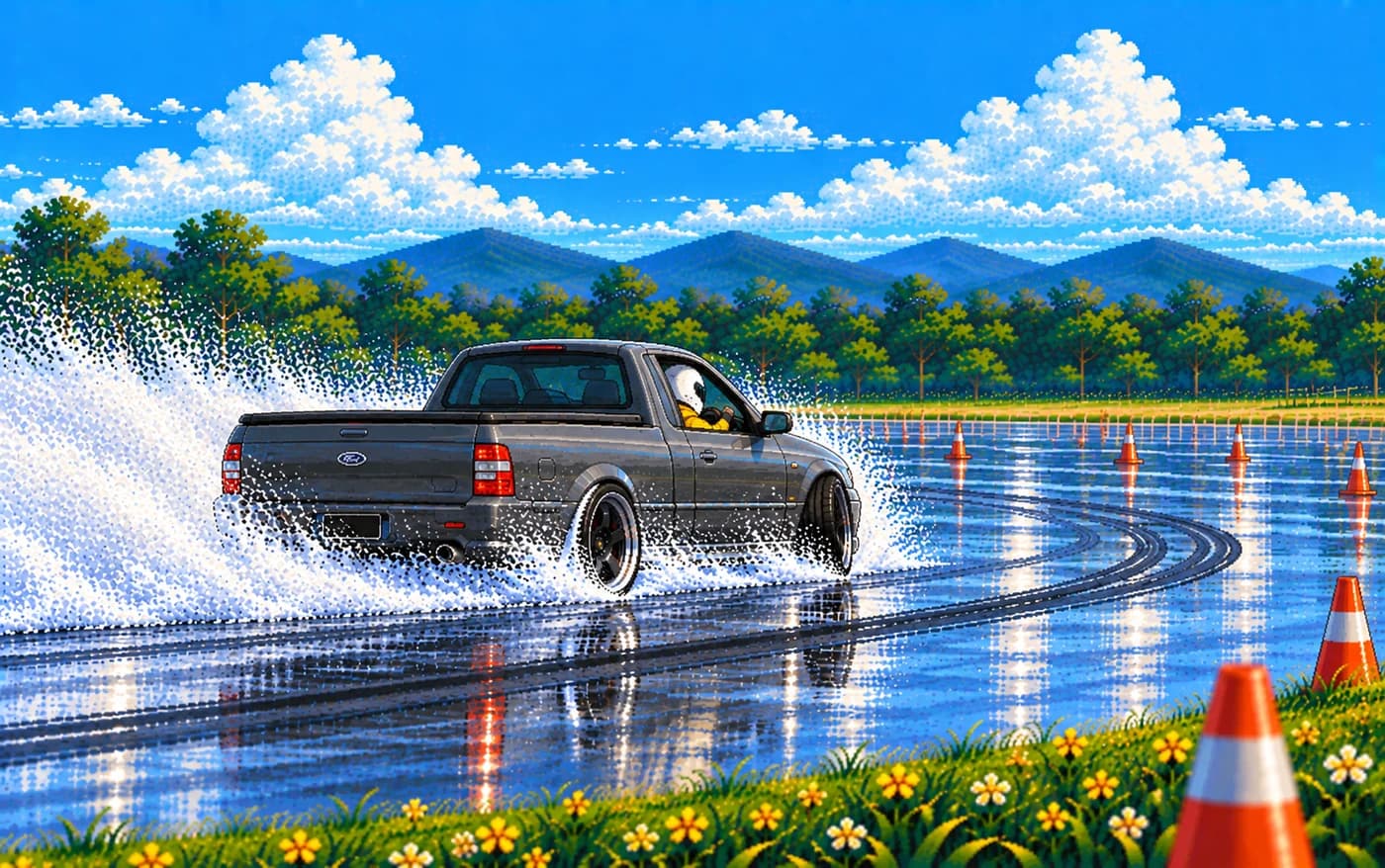 Pixel art of the grey ute sliding away across the wet pan, spray hanging in the air and the long curved tyre arc it has just carved leading away, cones down the edge