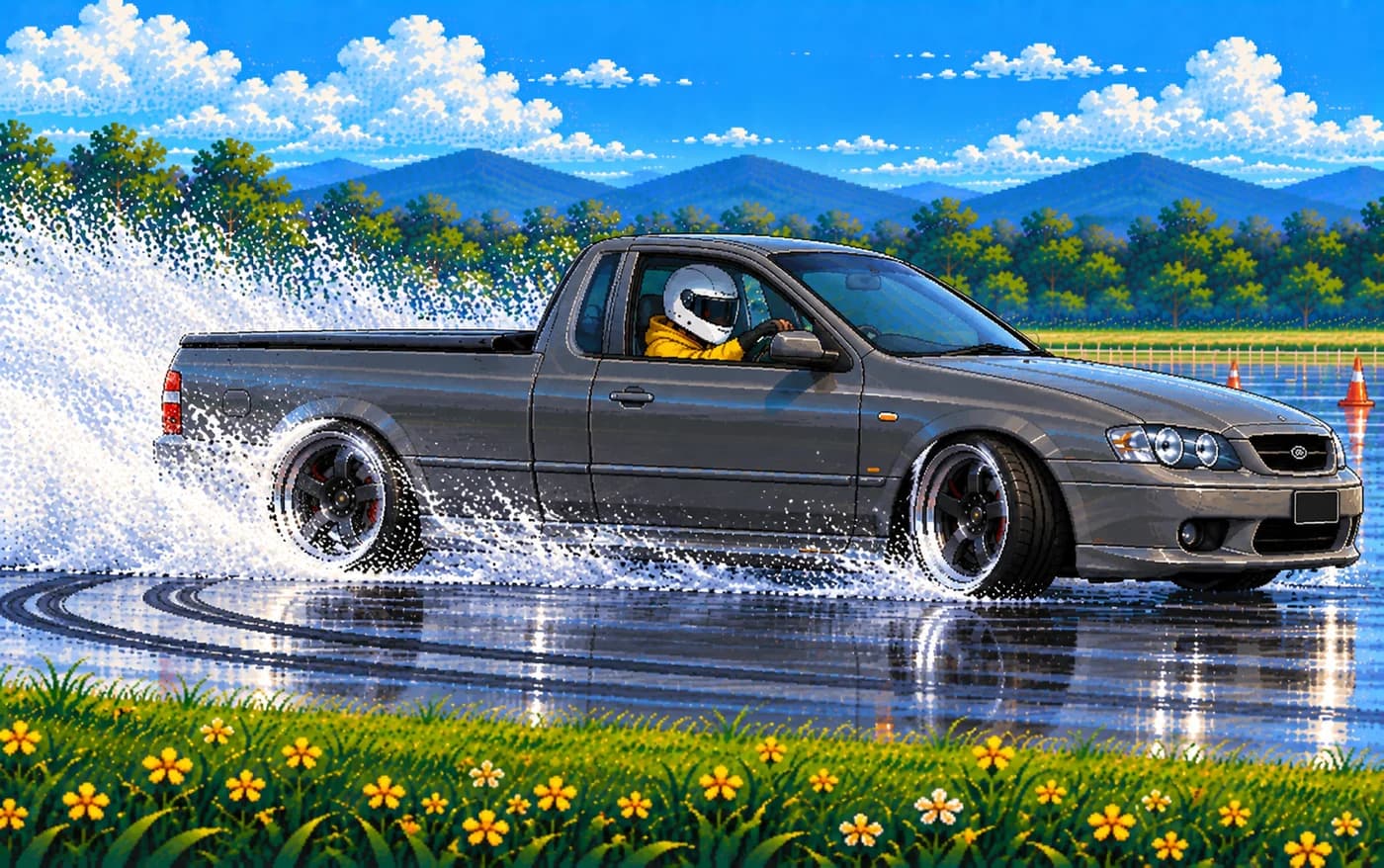 Pixel art of the grey Ford Falcon ute sliding sideways across the wet skid pan, side on and close, throwing a curtain of white water off the rear