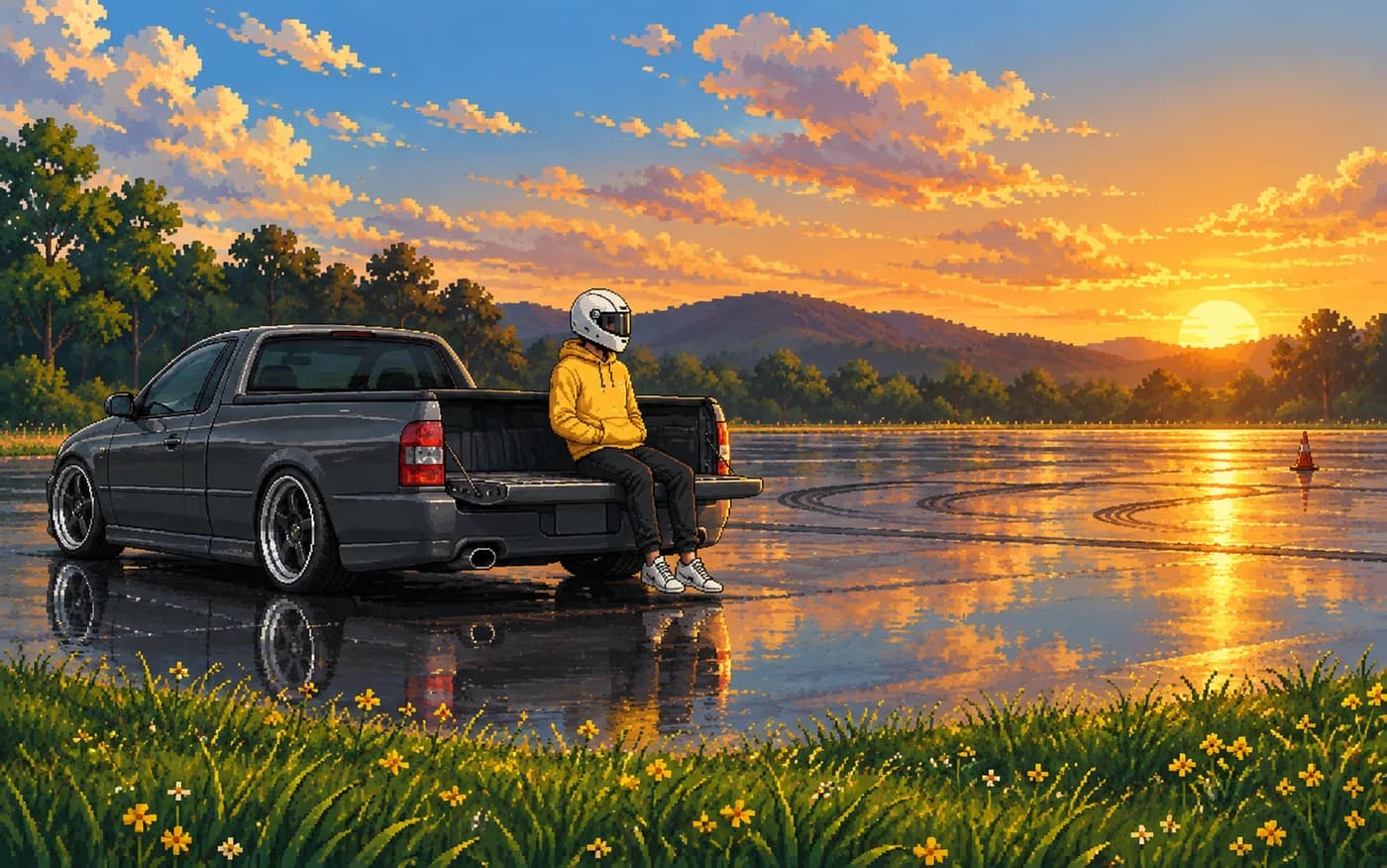 Pixel art of the driver sitting on the ute's open tailgate at sunset, looking out across the empty wet skid pan