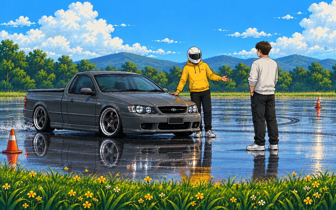 Pixel art of the driver in a yellow hoodie talking with someone beside the grey ute on the wet skid pan