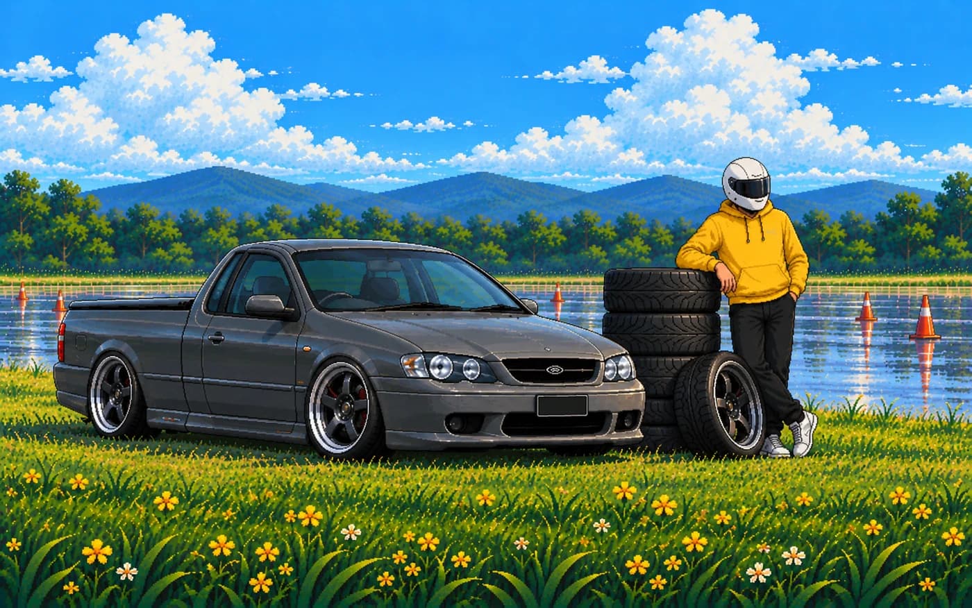 Pixel art of the driver standing beside a stack of fresh tyres next to the grey ute on the grass by the pan